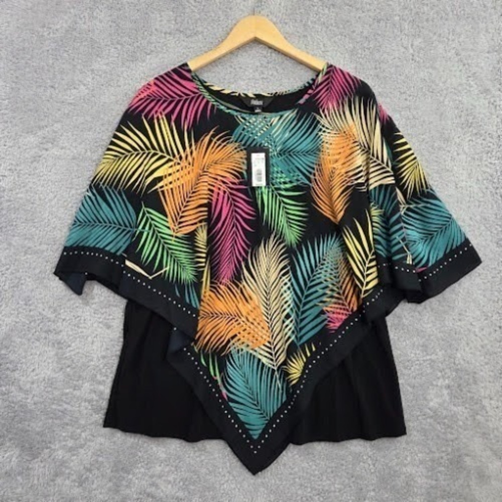Slim Factor Mia Poncho‎ Top Women's Large Black Tropical Palm Leaf Layered NWT